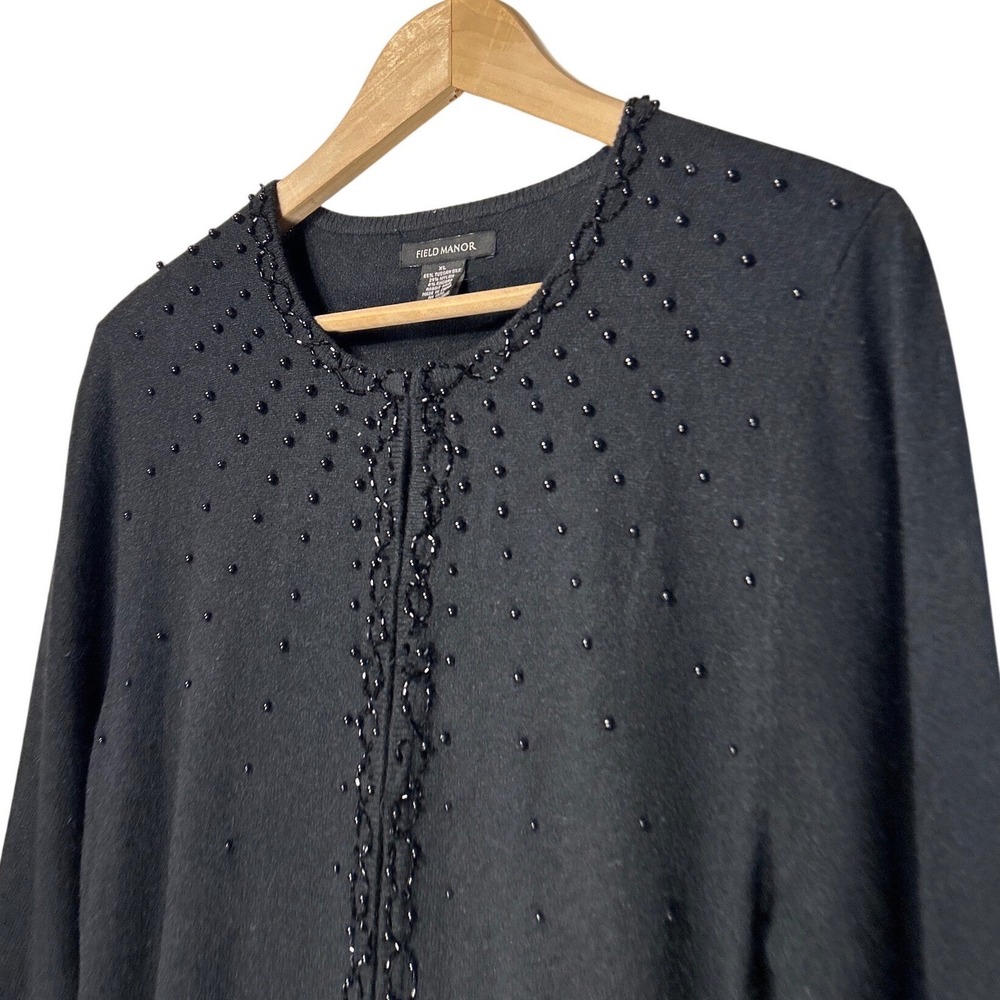 Field Manor Black Silk Angora Beaded Cardigan Sweater XL Round Neck‎ Embellished